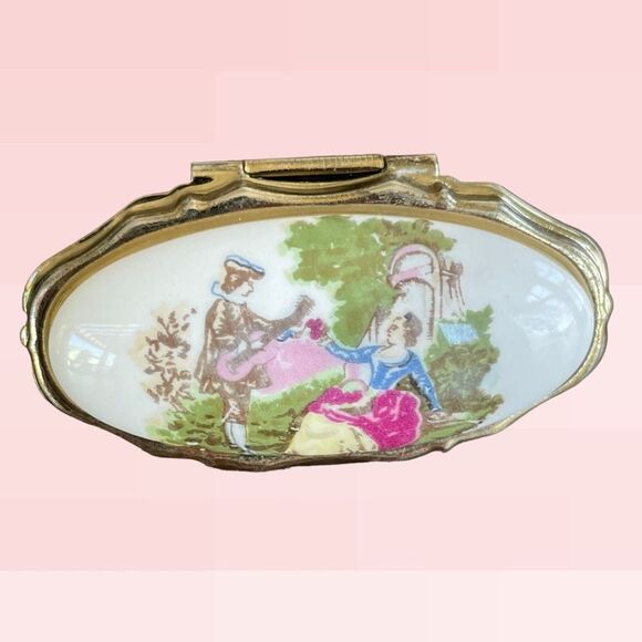 Vintage Victorian Porcelain Lipstick Holder Mirror Gold-Tone Metal - Picture 1 of 7